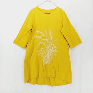 SNOLY Women's Wheat Embroidered Cotton Linen Round Neck Midi Dress P1290